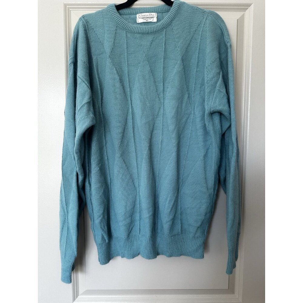 Christian Dior Vintage Teal Argyle Crew Neck Sweater Size XL